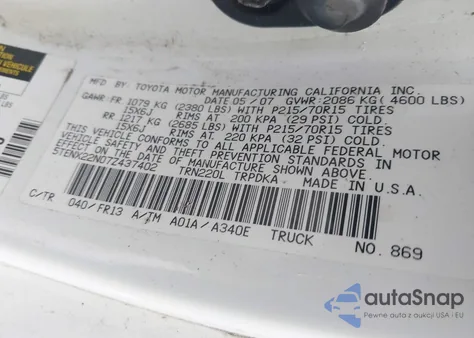 2007 Toyota Tacoma z USA, uszkodzony, nr VIN 5TENX22N07Z437402